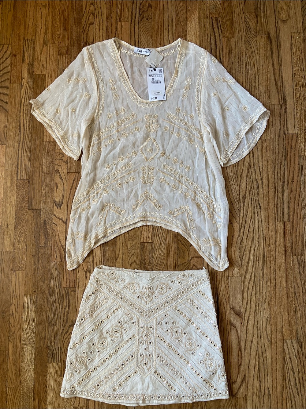 Zara Cream Eyelet Embroidered Short Sleeve and Skirt